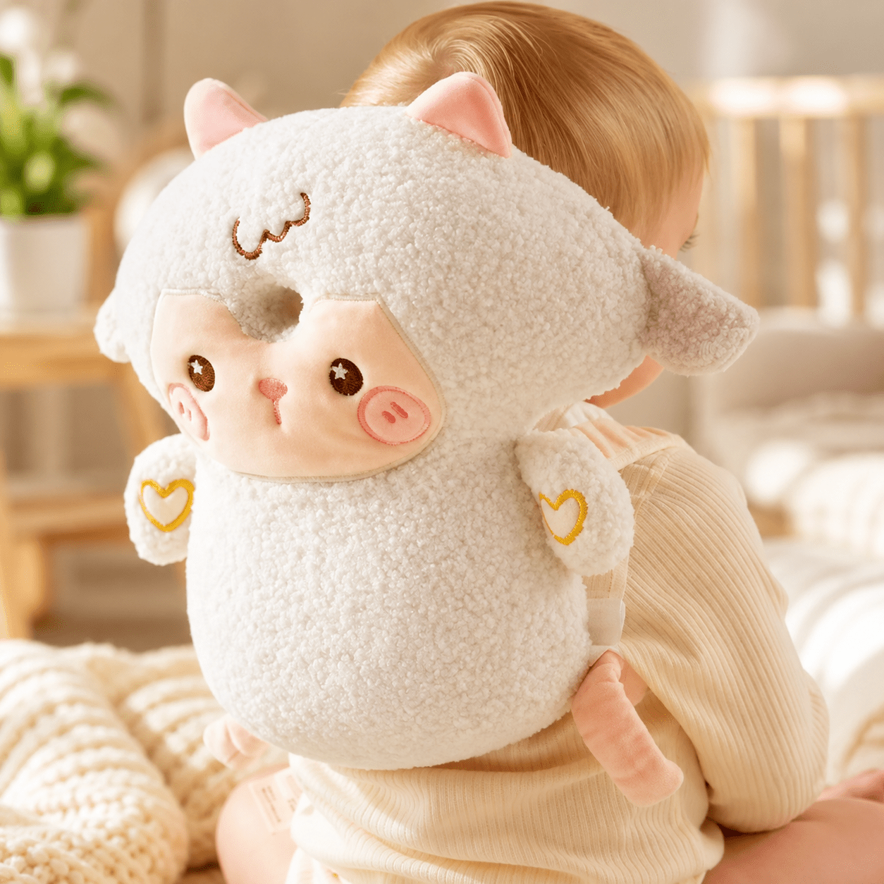 Lamb design anti-fall safety pillow baby head and back protector, close-up back view